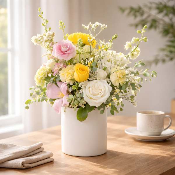 Pastel yellow and pink flower arrangement in a white cylinder vase on a wooden table.