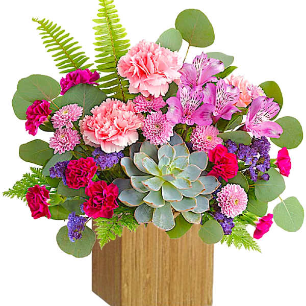 Pink and purple mixed bouquet with a succulent in a wooden box