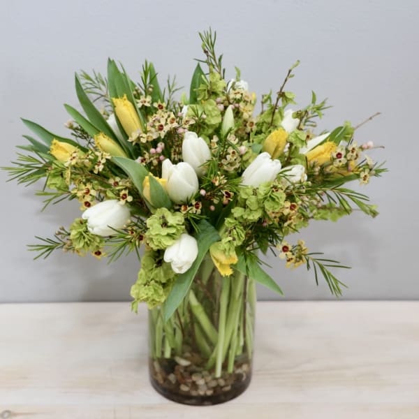 Arrangement of white and yellow tulips with green blooms in a clear glass vase with stones