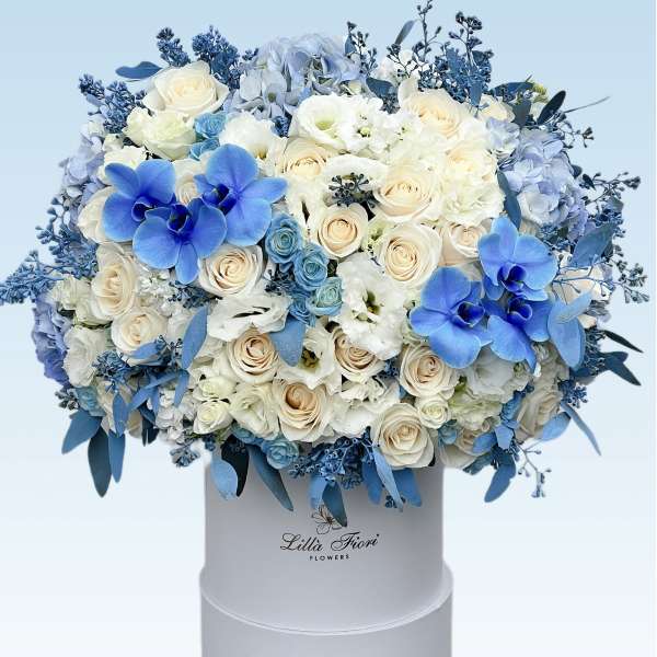 Round hatbox arrangement of cream roses, white lisianthus, blue orchids, and blue hydrangeas.