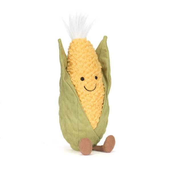 Plush corn cob toy with a smiling face and green husk