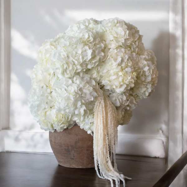 Large white hydrangea arrangement in a rustic brown pot with trailing ivory accents.