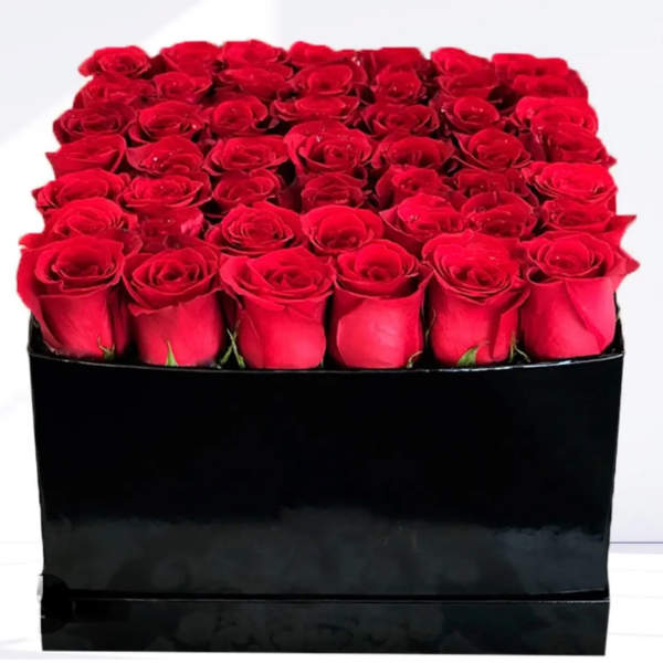 Box of red roses in a black square container