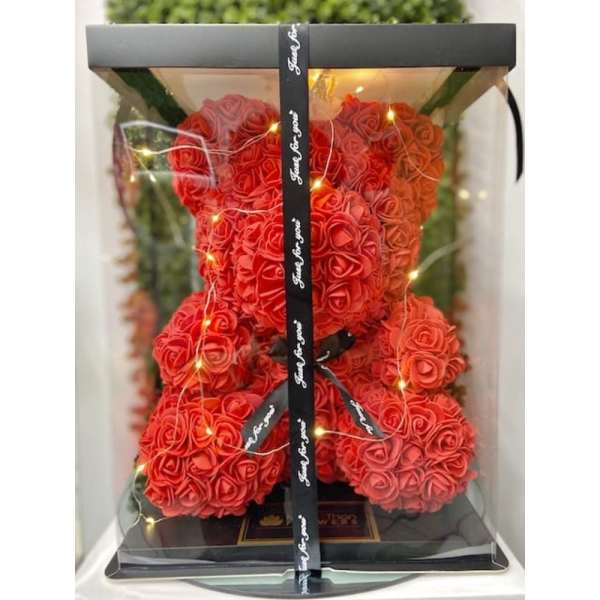 Red rose teddy bear with string lights in a clear display box with black trim
