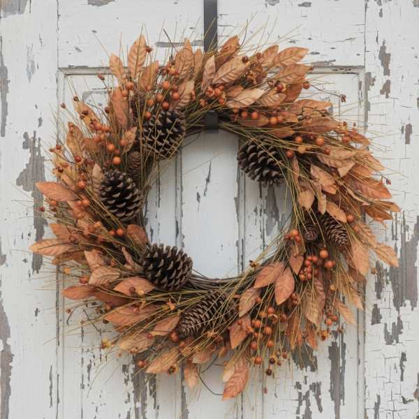 Autumn wreath with orange leaves, berries, and pinecones on a weathered white door