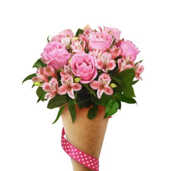 Pink rose bouquet with small striped flowers and a polka-dot ribbon wrap