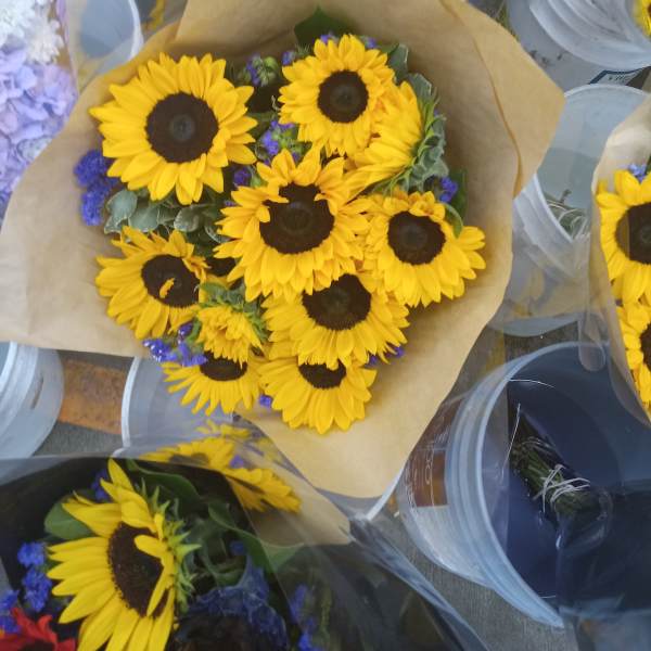 Bouquet of yellow sunflowers wrapped in brown paper