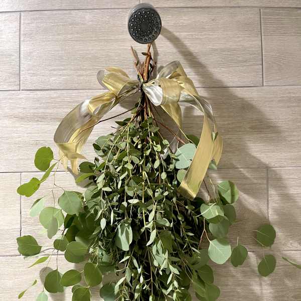 Hanging bundle of green eucalyptus tied with a gold ribbon