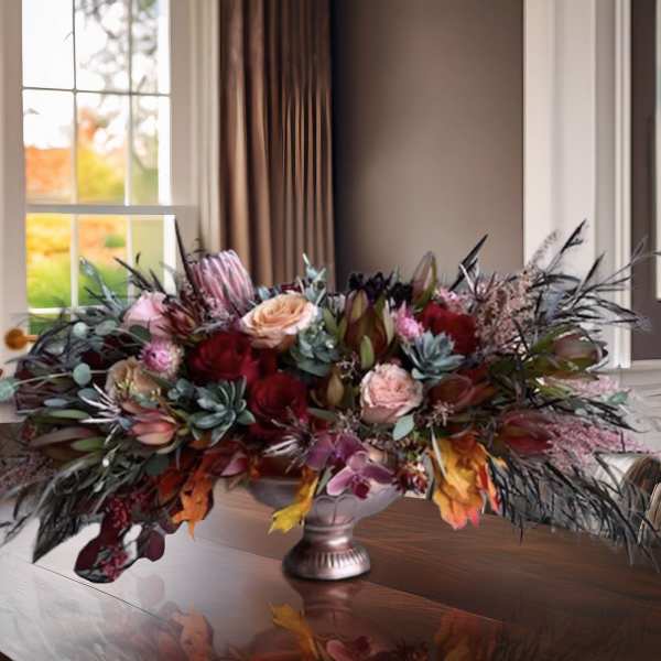Large mixed floral arrangement in a silver vase with deep red and pink blooms