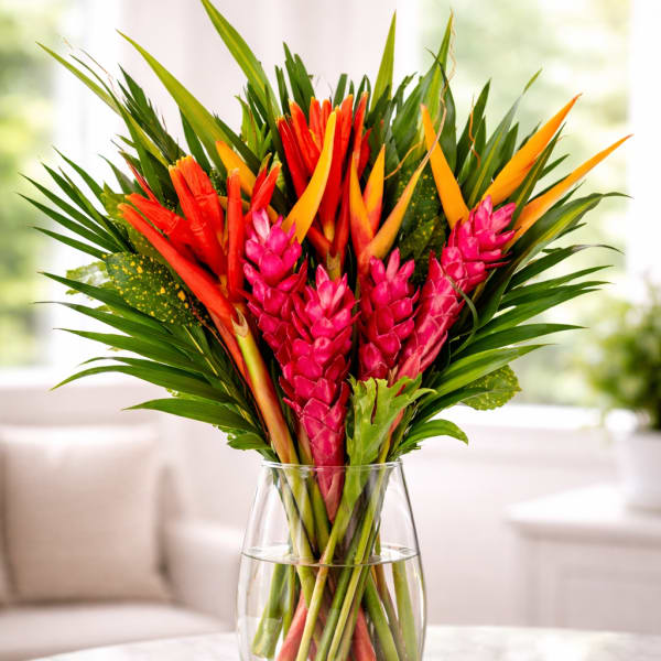 Tropical bouquet of pink and orange flowers in a clear glass vase