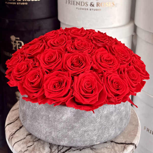 Round box filled with red roses