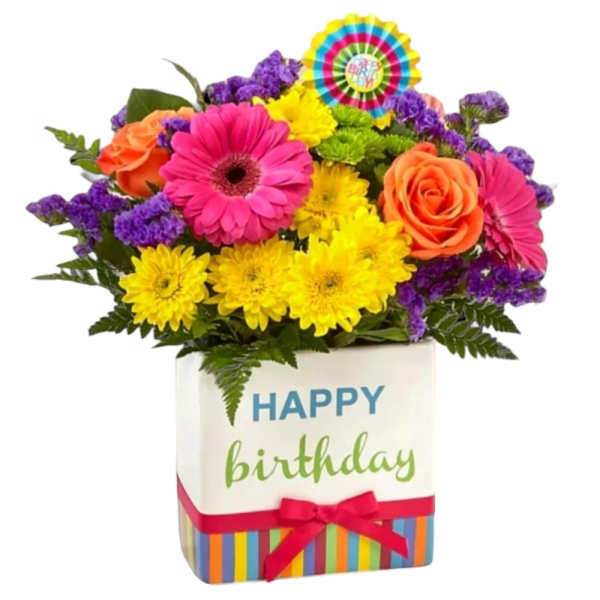 Colorful mixed flower bouquet in a birthday gift box