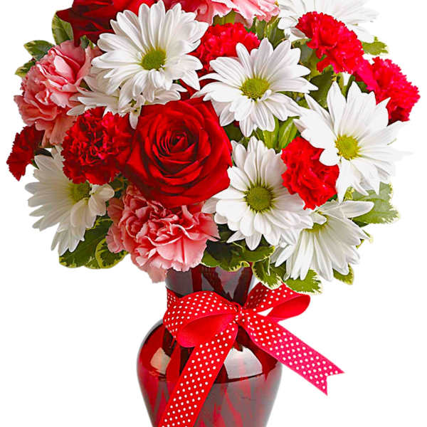 Bouquet of red roses, white daisies, and pink carnations in a red vase with a ribbon