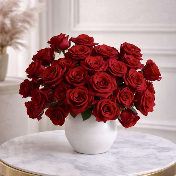 Low white vase filled with many red roses on a round marble table