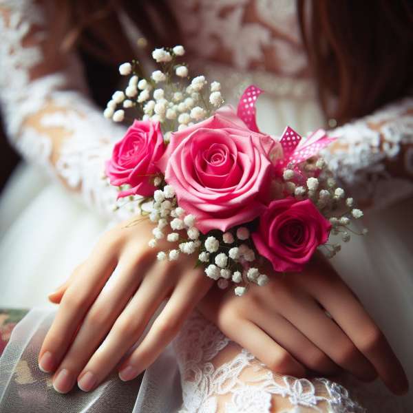 Hot Pink Wrist Corsage and Boutonniere Set