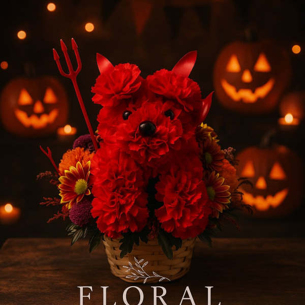 Red floral dog arrangement in a basket with Halloween decorations