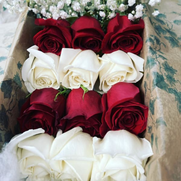 12 Long Stem White and Red roses In a box