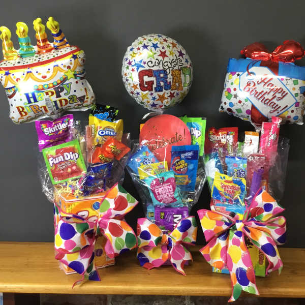 Birthday balloon and candy gift set with colorful bows