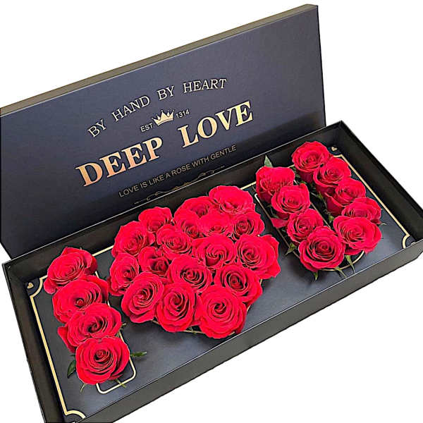 Red roses arranged in a black gift box with "DEEP LOVE" text
