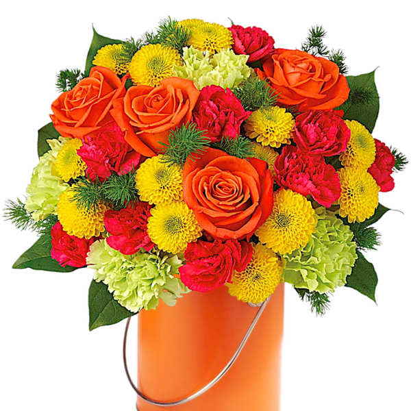 Mixed bouquet of orange roses, yellow mums, and pink carnations in an orange bucket