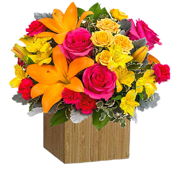Bright mixed bouquet in a wooden cube vase with roses and lilies