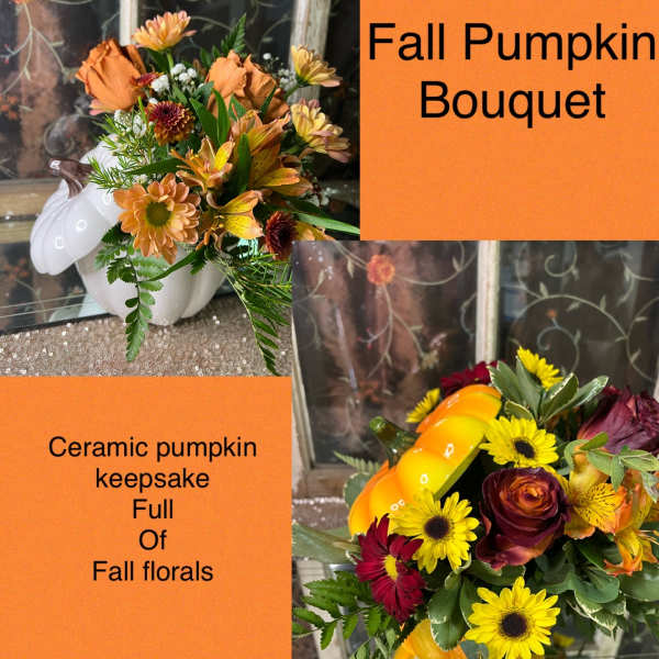 Fall bouquet in a ceramic pumpkin container with orange and yellow flowers