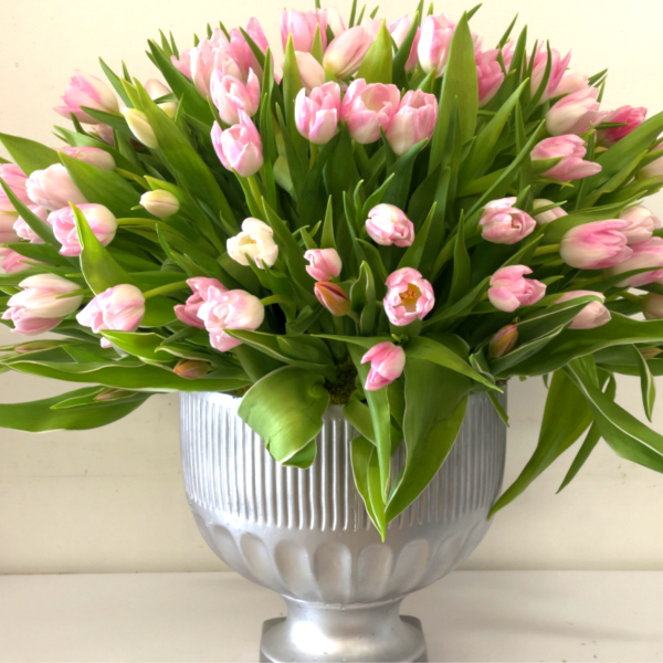 Pink tulips arranged in a silver vase