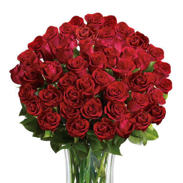 Bouquet of red roses in a clear glass vase