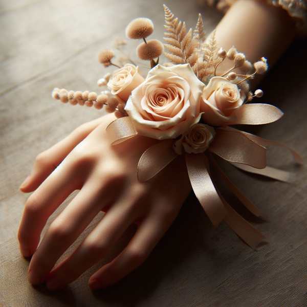 Champagne Elegance Wrist Corsage and Boutonniere Set