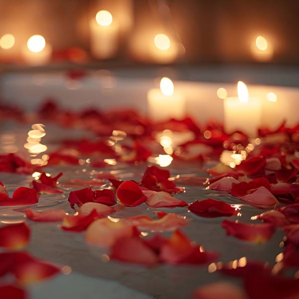 Red rose petals scattered on water with glowing candles in the background