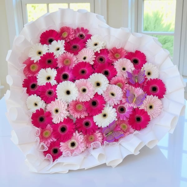 Bouquet of pink and white gerbera daisies wrapped in white paper