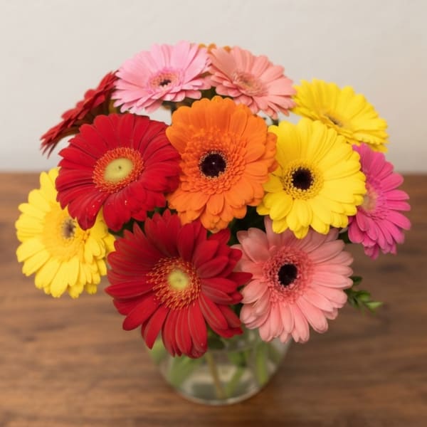 Colorful gerbera daisies arranged in a clear glass vase on a wooden table