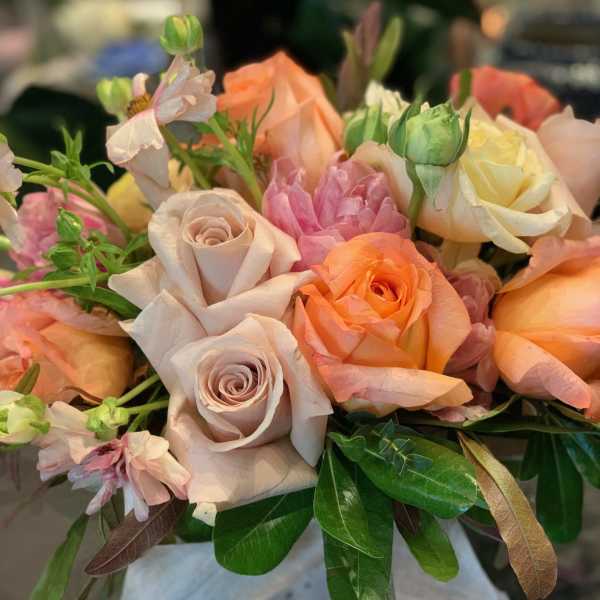Bouquet of peach, blush, and cream roses with pink blooms