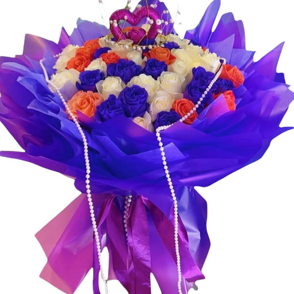 Bouquet of purple, white, and orange roses with pearl strands