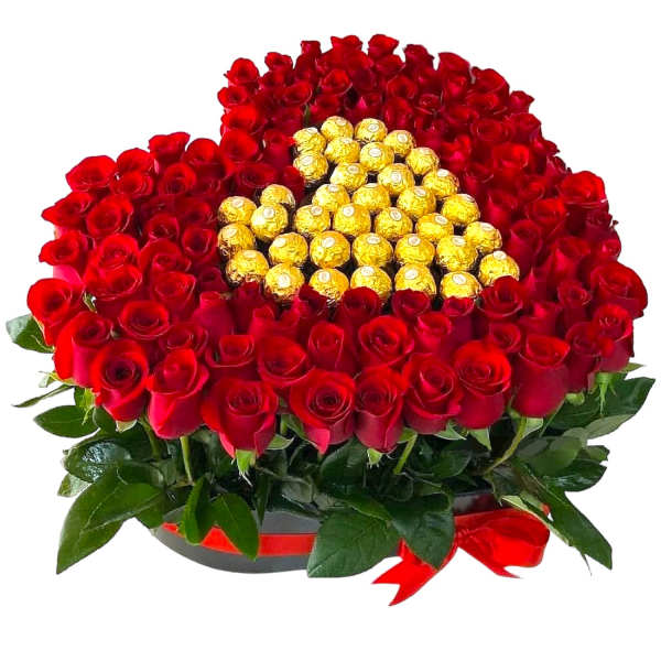 Red rose arrangement with gold-wrapped chocolates in the center