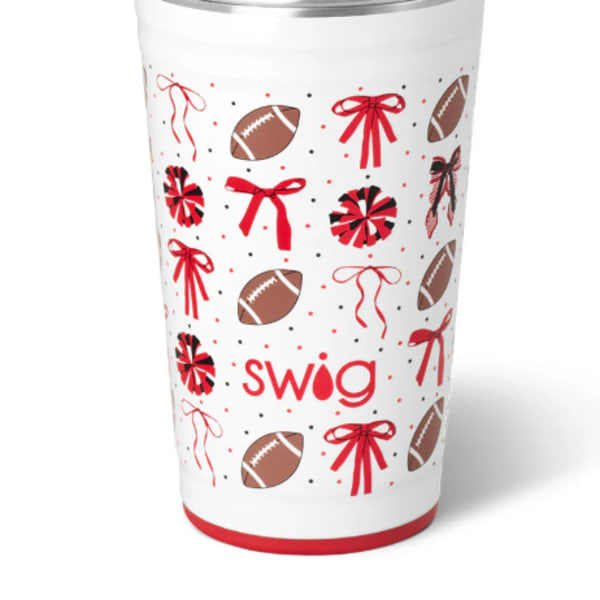 White tumbler with football and red bow pattern