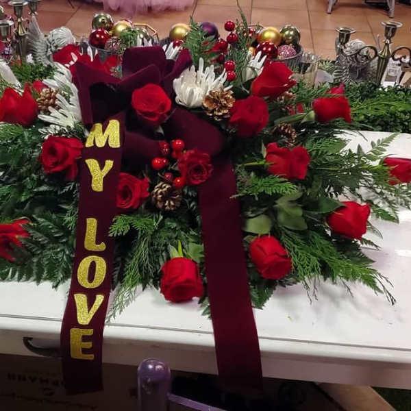 Red rose arrangement with burgundy ribbon and gold "MY LOVE" lettering