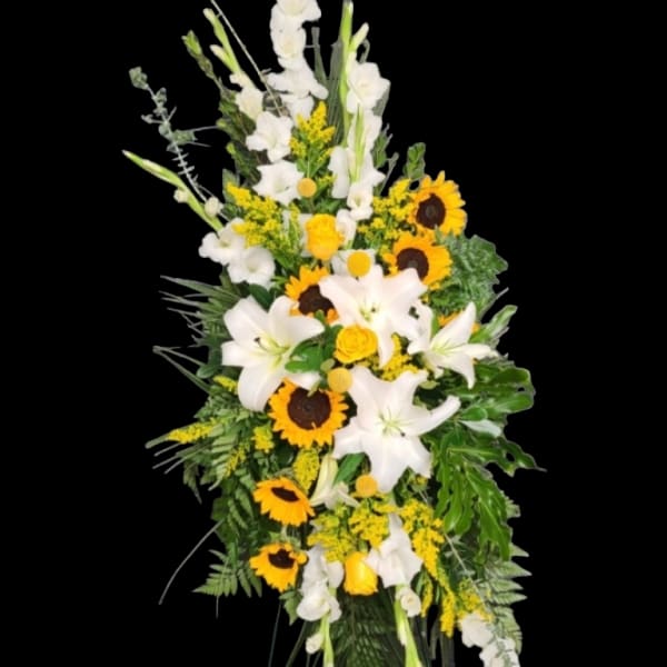 Tall floral spray with white lilies and sunflowers