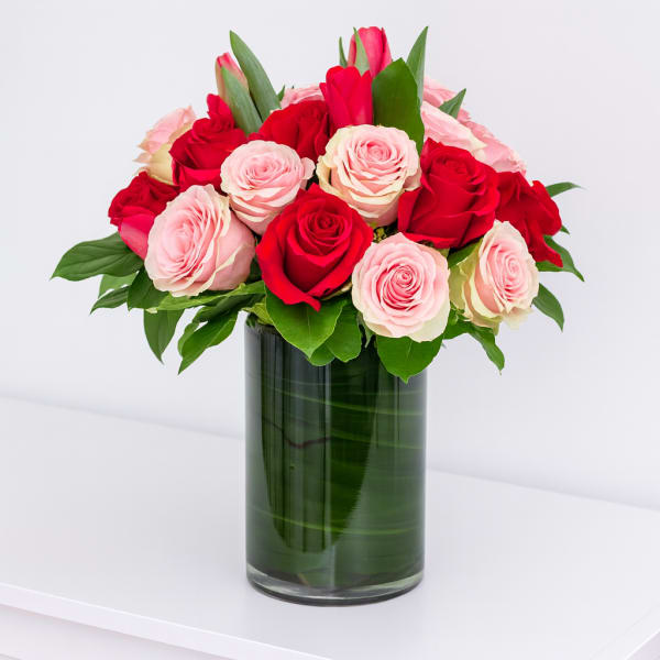 Red and pink roses arranged in a tall glass vase