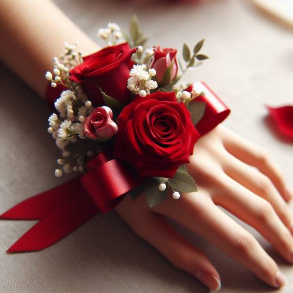 Traditional Red Wrist Corsage and Boutonniere Set