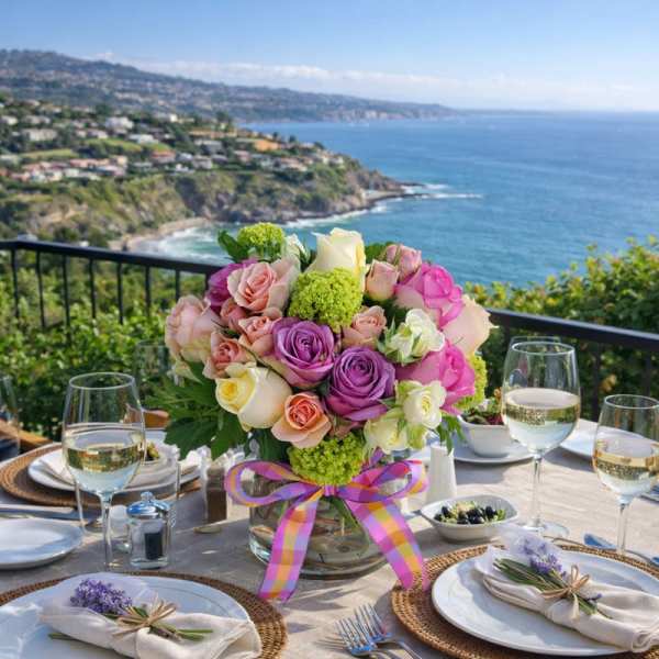 Bouquet of pink, purple, and cream roses in a glass vase on a table
