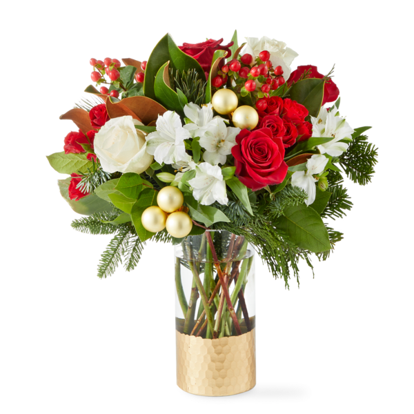 Red and white rose bouquet in a glass vase with gold ornaments