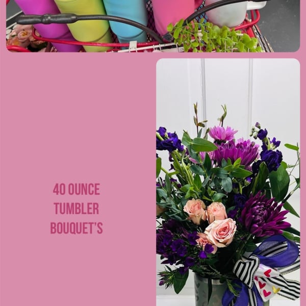 Colorful 40-ounce tumblers with lids and straws, plus a flower bouquet in a vase