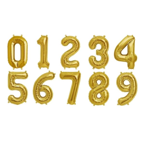Gold number balloons arranged in two rows on a white background