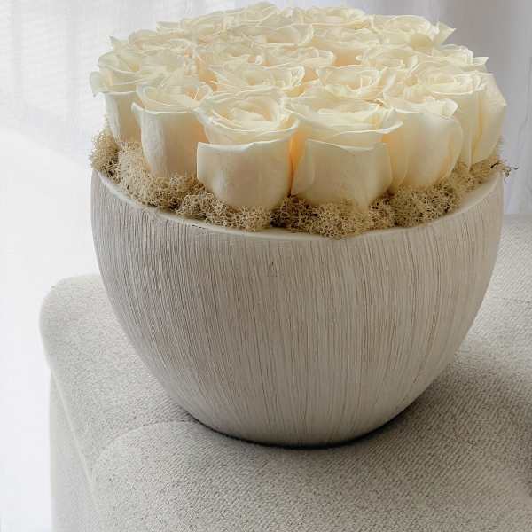 Cream rose arrangement in a textured round vase