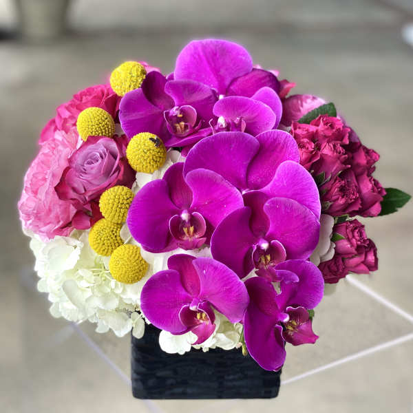 Bright pink orchid and rose arrangement in a black square vase