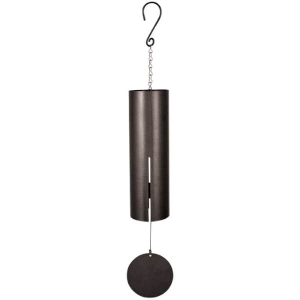 Black metal wind chime with a hanging round striker