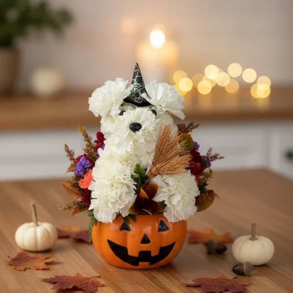 White flower dog in a jack-o'-lantern pumpkin container