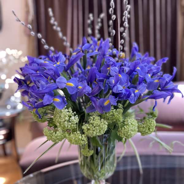 Blue iris bouquet in a clear glass vase with green filler flowers