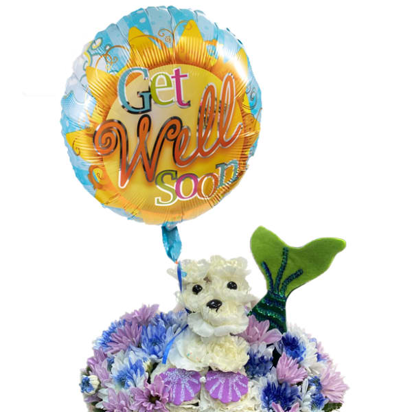 Flower basket with a teddy bear and a "Get Well Soon" balloon
